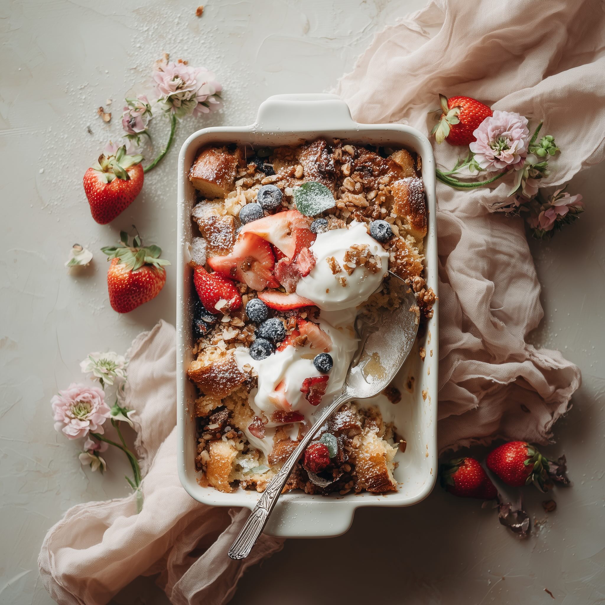 Vegan French toast casserole with pecan crumble, strawberries and blueberries in a white baking dish