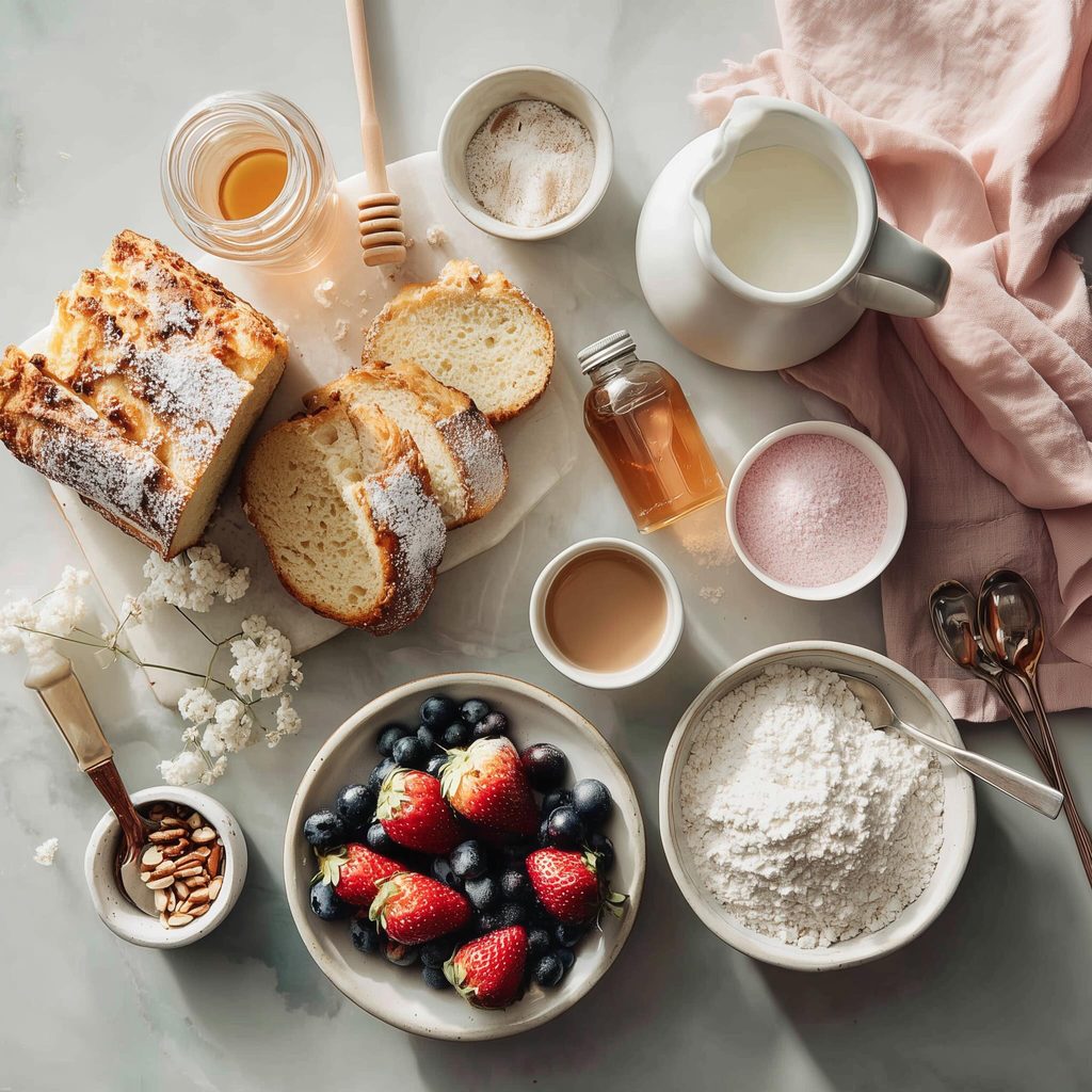 Ingredients for vegan French toast casserole including gluten-free bread, almond milk, maple syrup and pecans